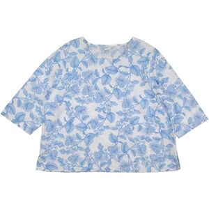 Hot Cotton Linen Blend Top Woman 3X White Blue Floral 3/4 Sleeve Blouse Summer